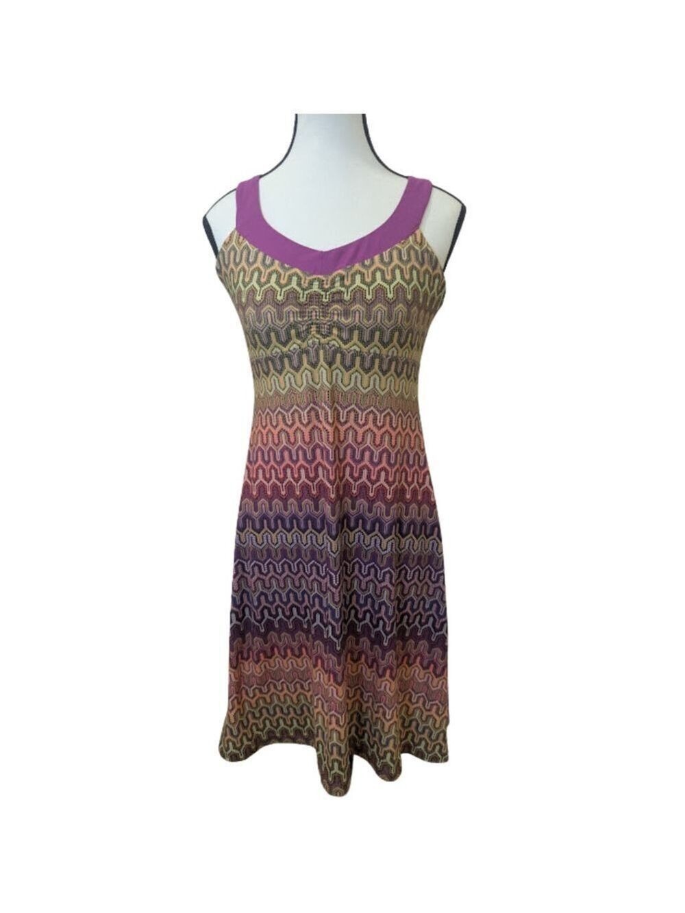 Prana Retro Boho Travel Dress | Shelf-Bra Wave Print Activewear Sundress Size S